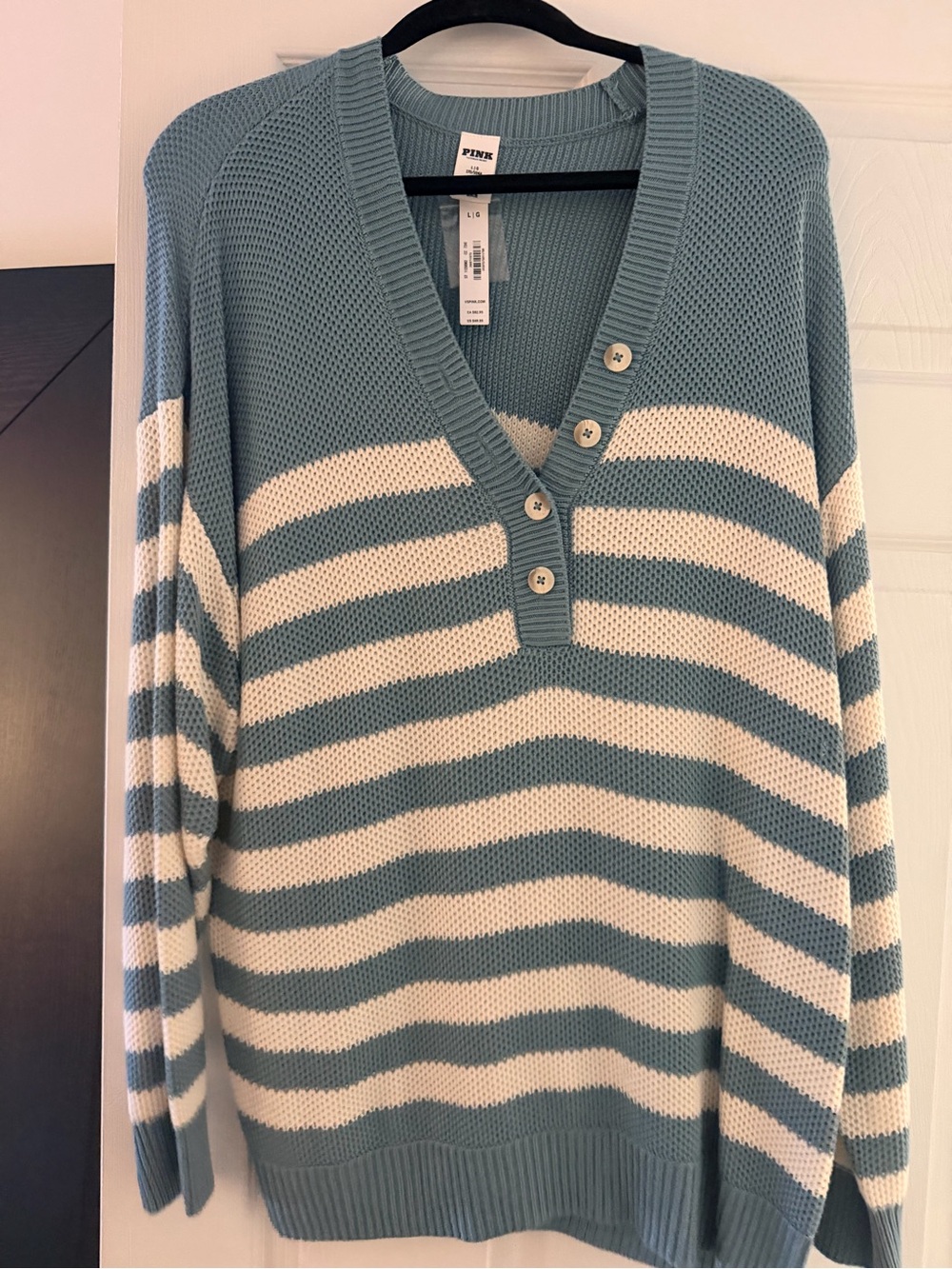 PINK Victoria's Secret Blue & White Striped V-Neck Button Pullover